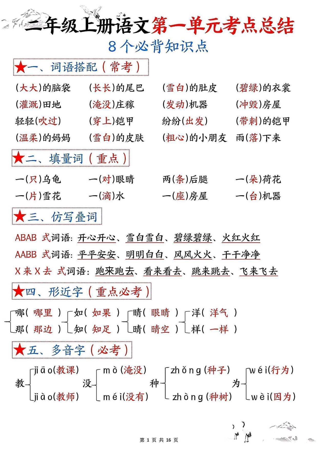 二年级（上）语文1-8单元考点总结