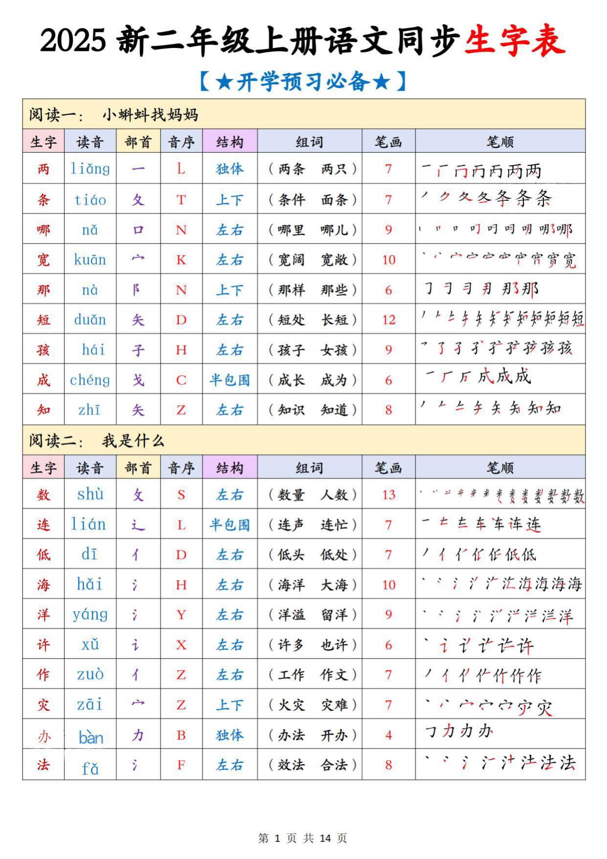二年级（上）语文同步生字表
