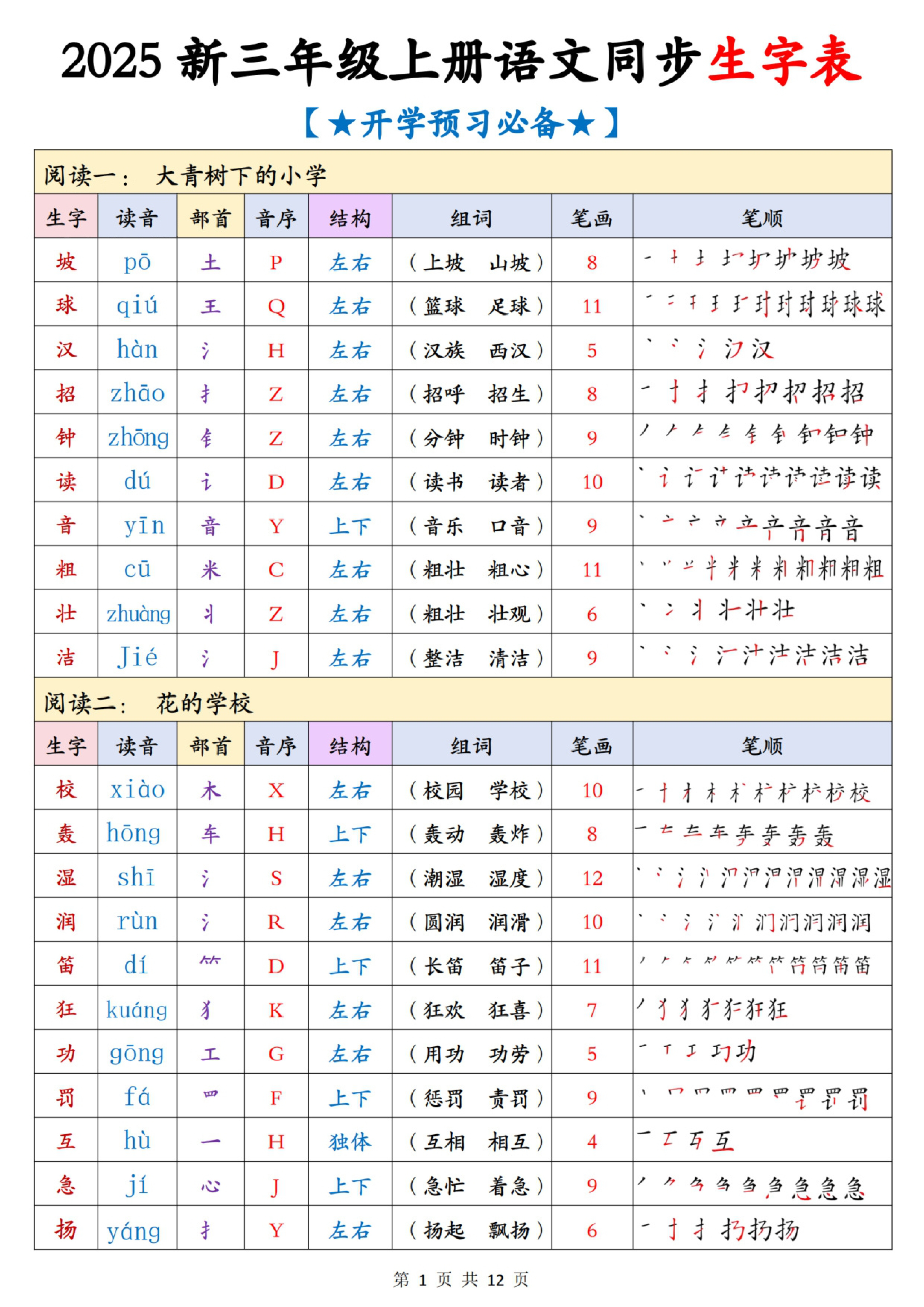 三年级（上）语文同步生字表