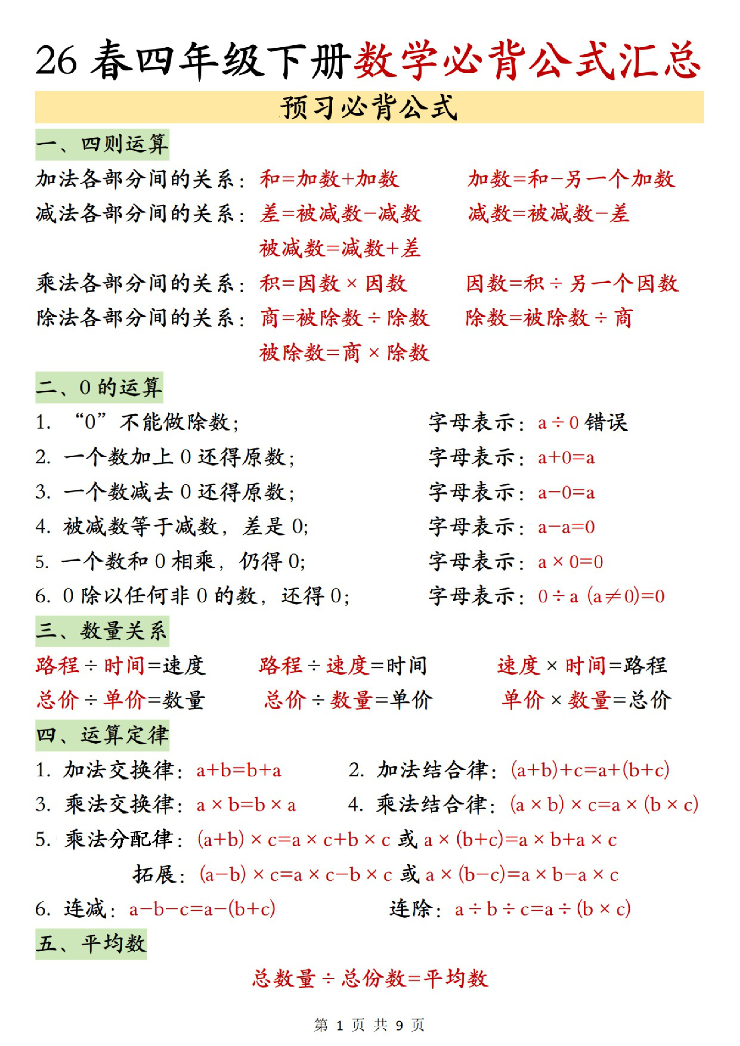 四年级（下）数学必背公式汇总《人教版》