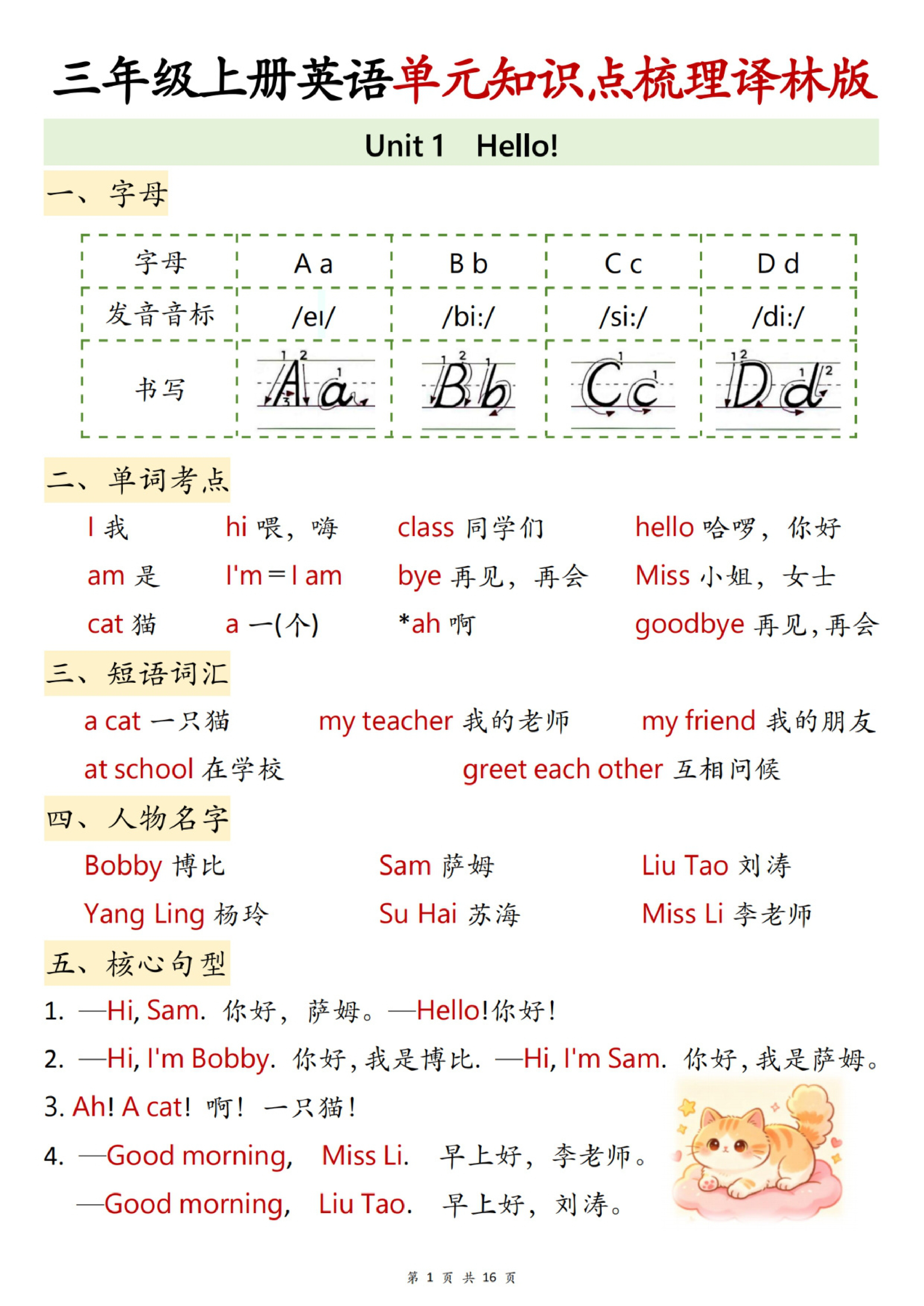 三年级（上）英语单元知识点梳理 《译林版》
