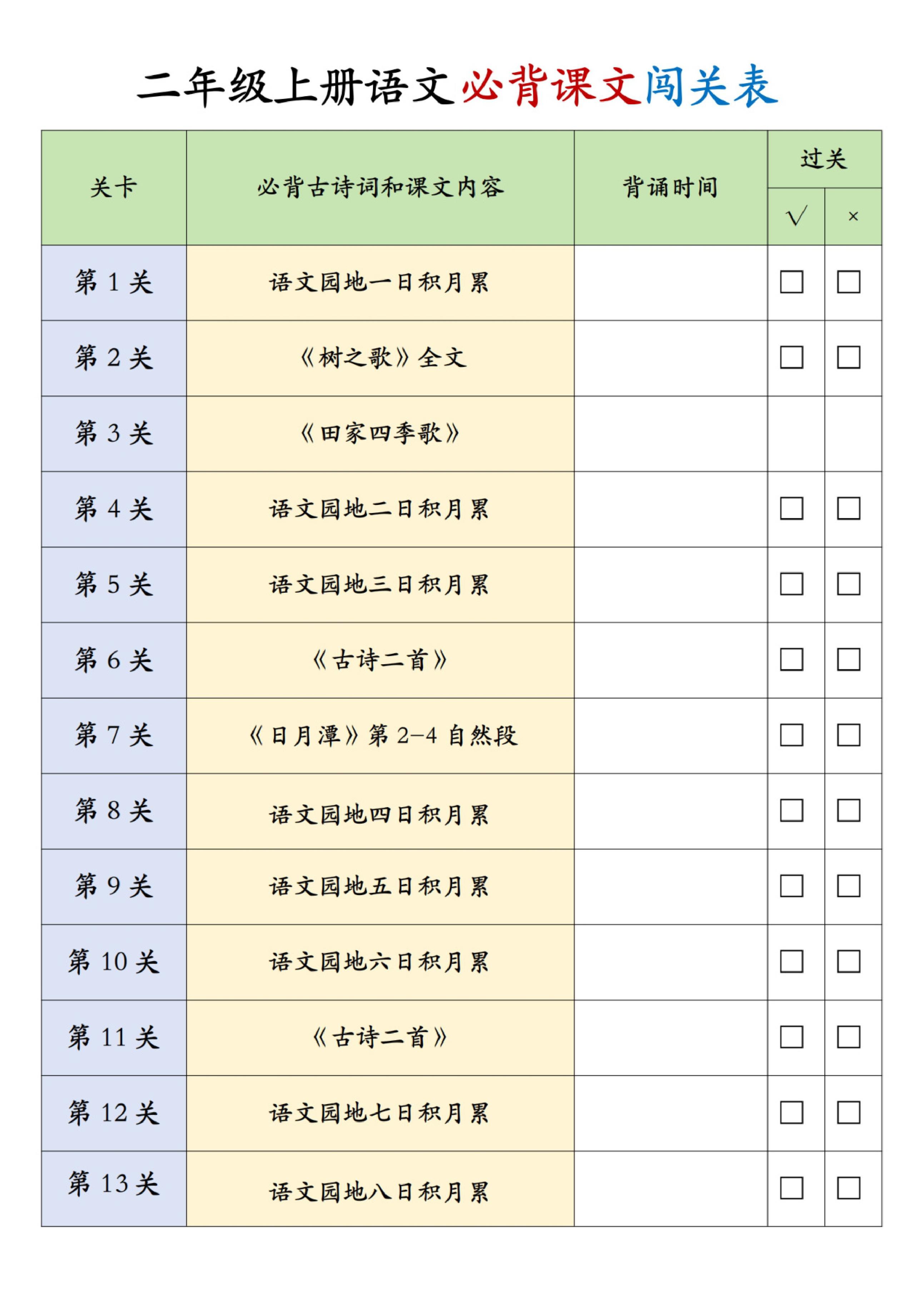 二年级（上）语文预习必背课文闯关表