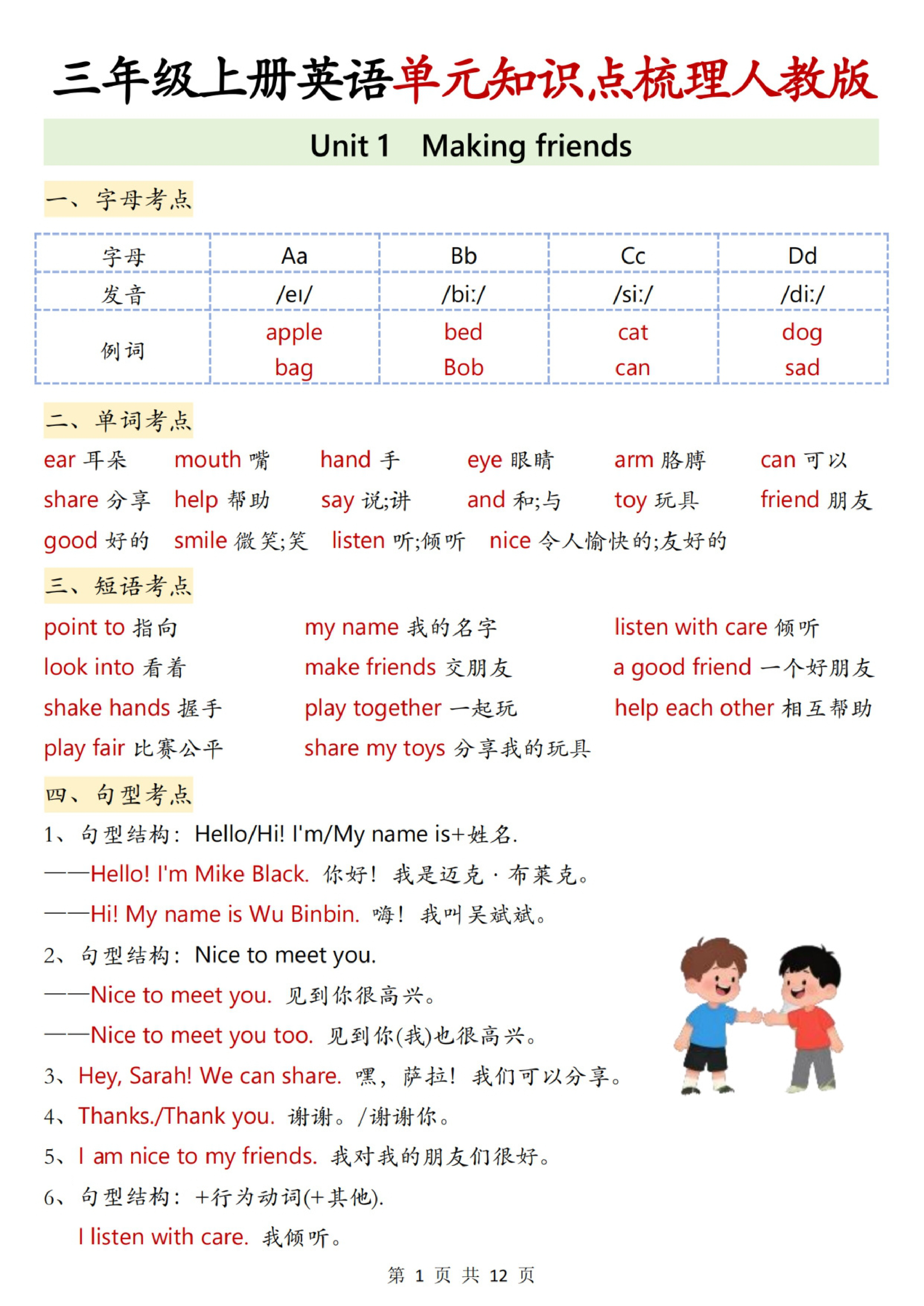 三年级（上）英语单元知识点梳理《人教版》